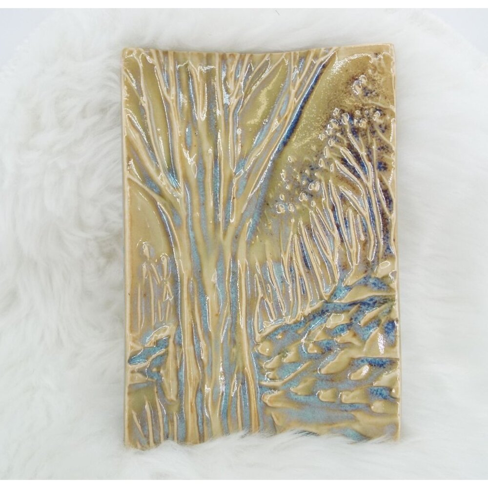 Barbara Haring Studio Signed 6" x 4" Textured Pottery Dish Trees Nature